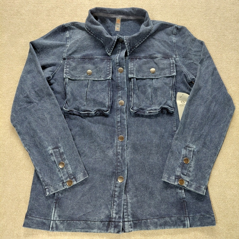 Mono B Blue Denim Look Snap Button Down Shirt MEDIUM Cotton Blend Shacket NEW